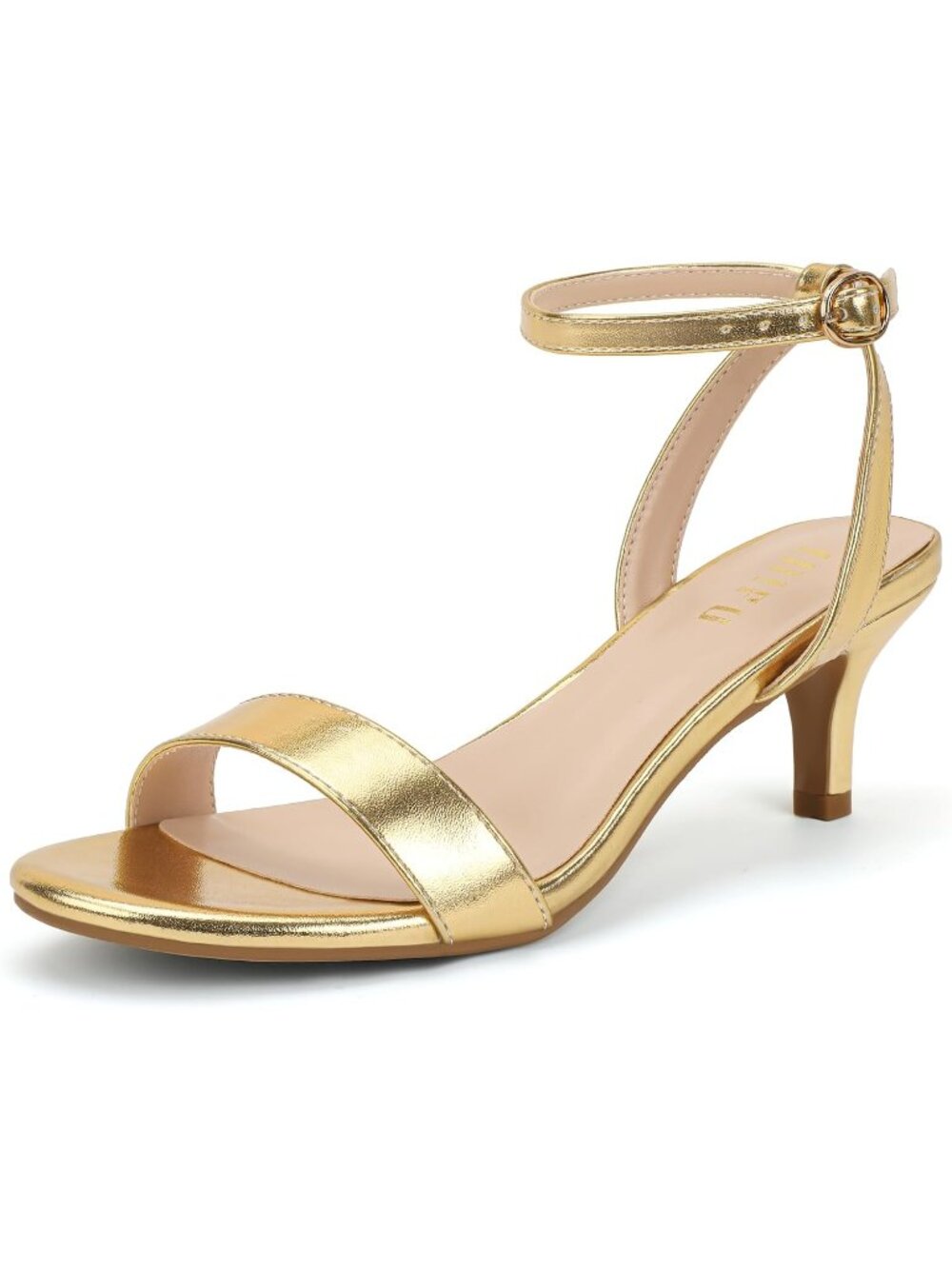 Women's Gold Pu Kitten Heels Low Open Round Toe Short Ankle Strap Heel Sandals